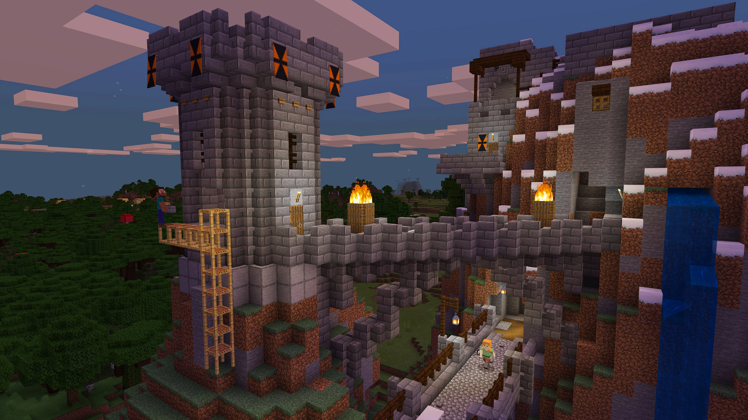 Official Minecraft screenshot showing a player-built castle in a block landscape