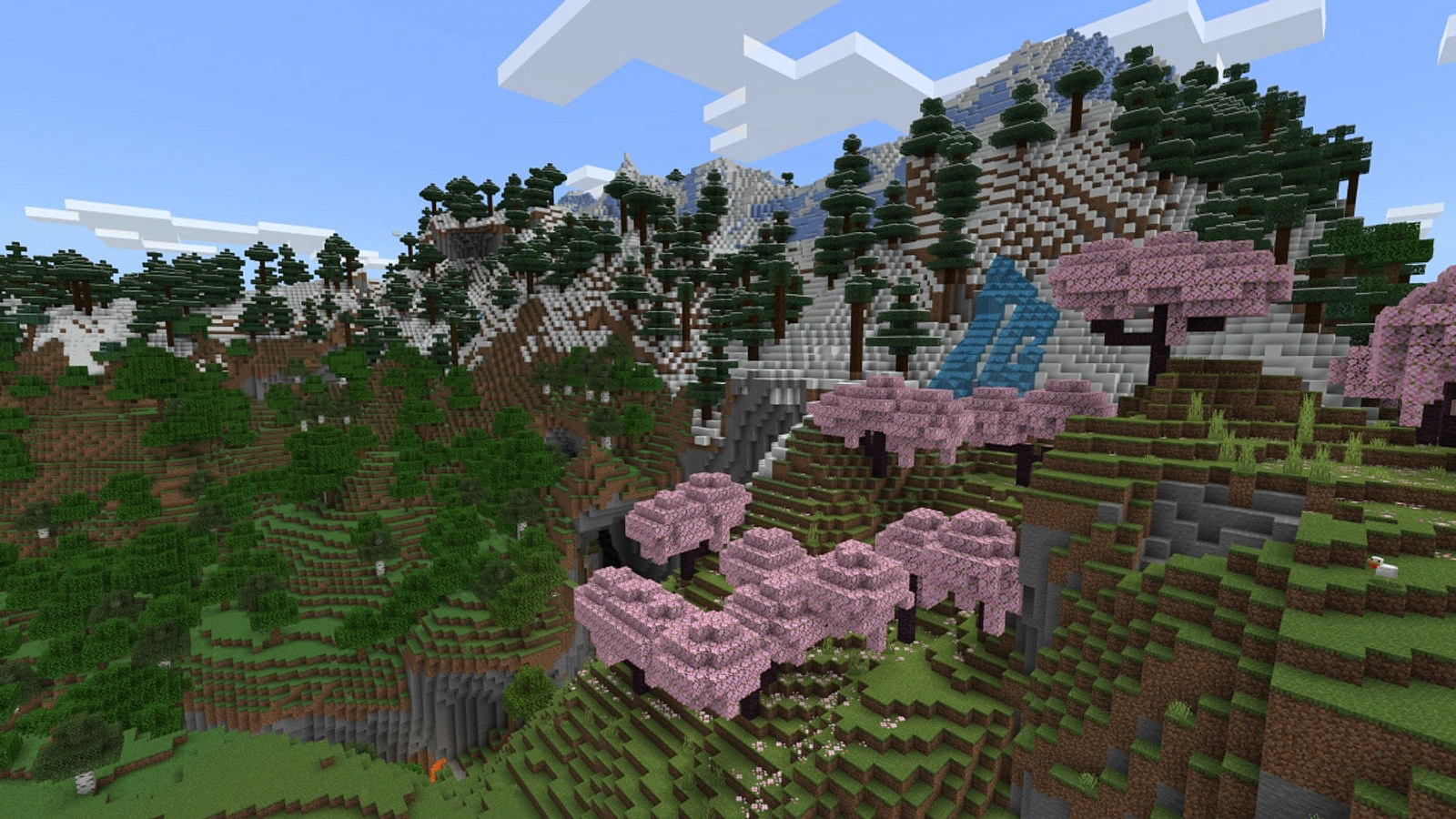 Official Minecraft landscape screenshot with forest and cherry grove scenery