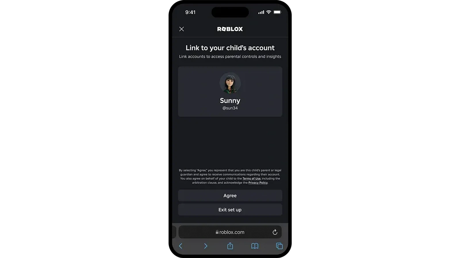 Official Roblox 2024 parent and child account linking interface on mobile devices